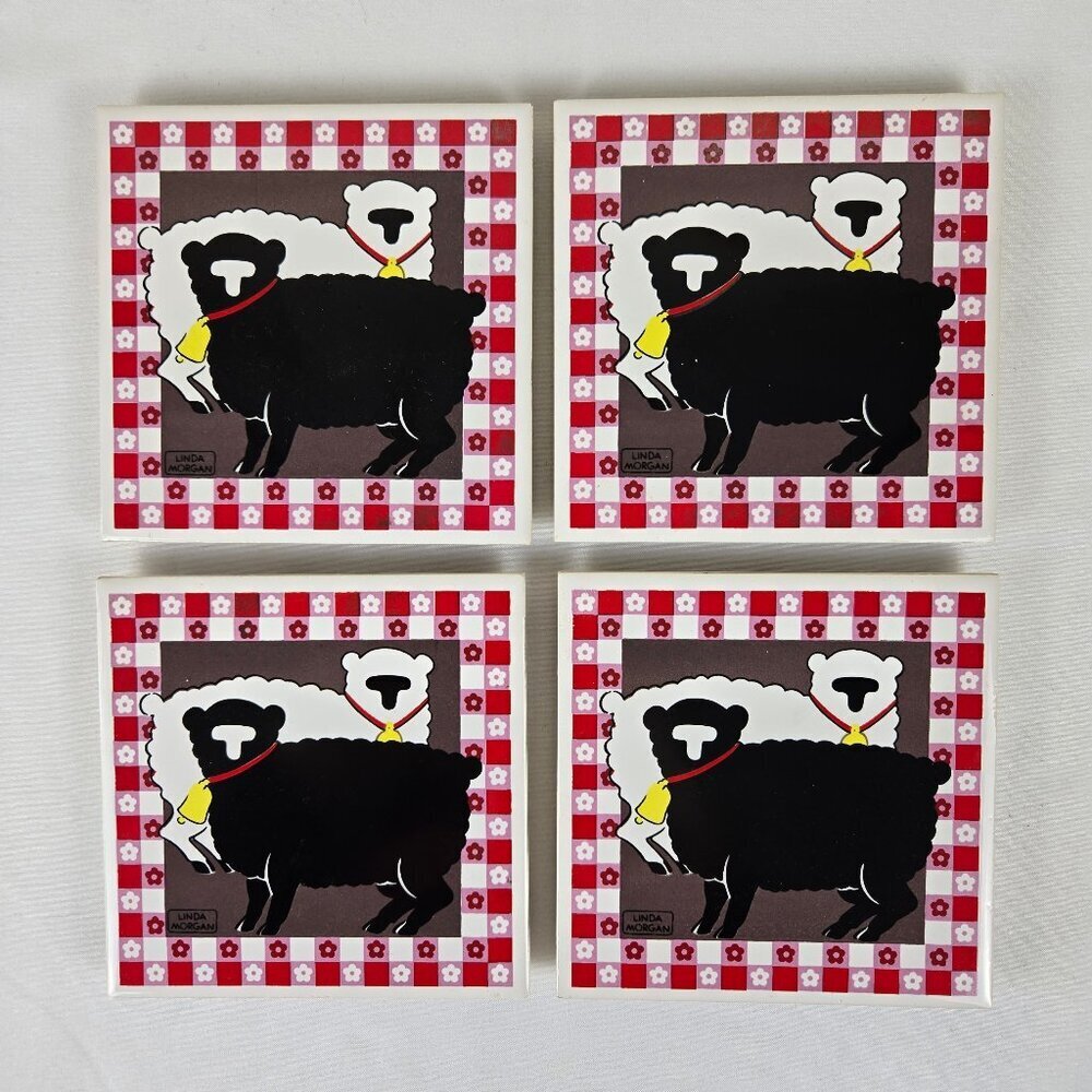 Vintage Action Industries 1984 Sheep Tile Trivets by Linda Morgan Rubber Feet